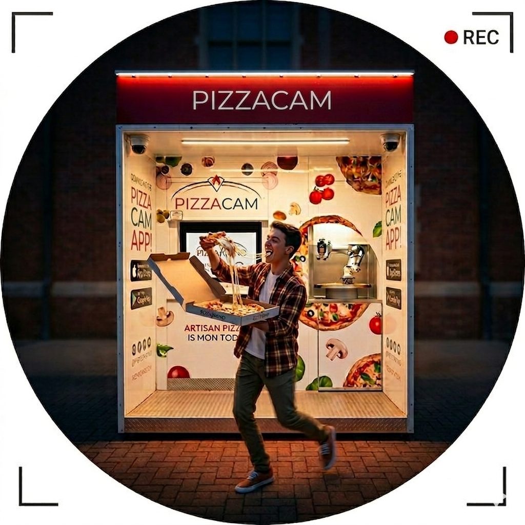 Four students cheering and dancing in front of PizzaCam kiosk
