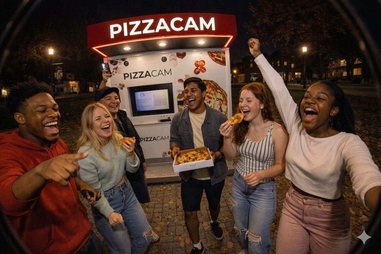 Group of students celebrating with pizza at PizzaCam kiosk on University of Guelph campus