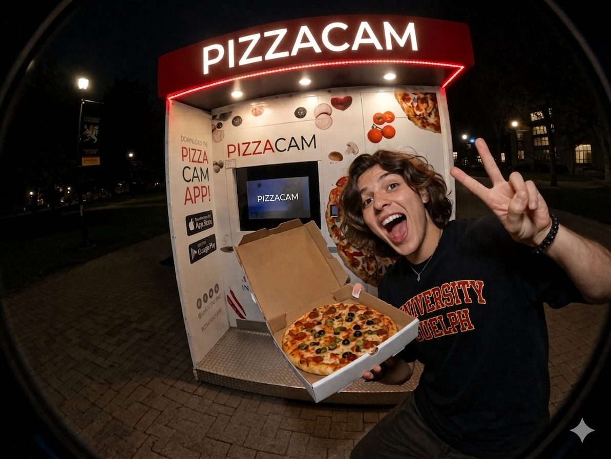 Student showing peace sign with fresh pizza at PizzaCam kiosk caught on Pizza Cam
