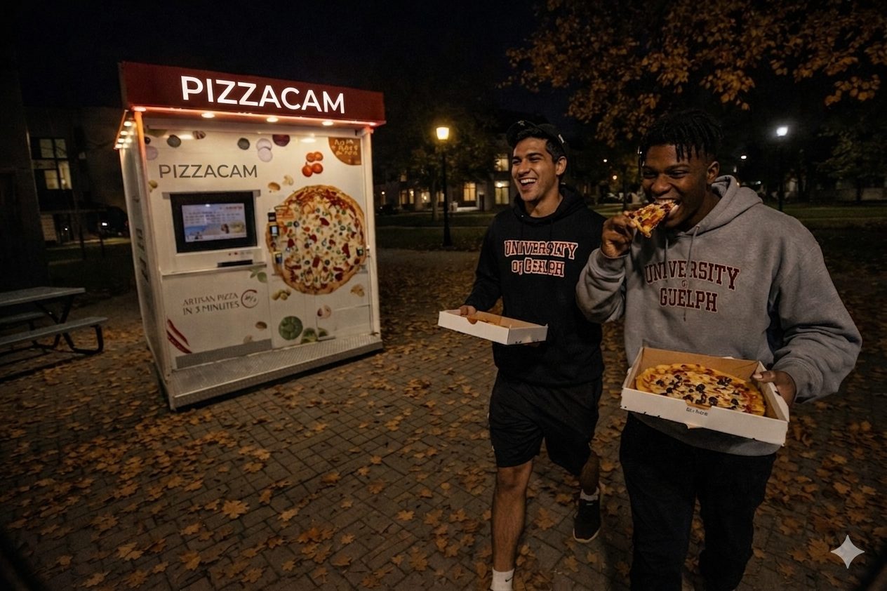 Two University of Guelph students walking with fresh pizza from PizzaCam — as seen on TikTok and Instagram